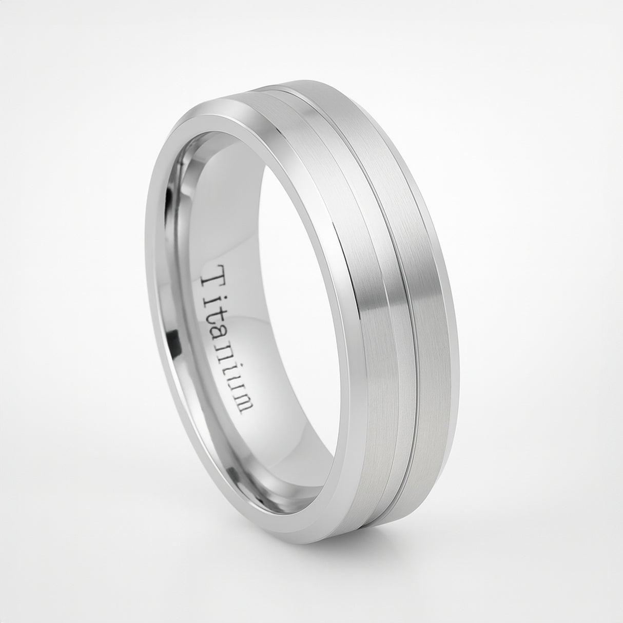 Silver Titanium Grooved Center Beveled Edged Ring - 7mm