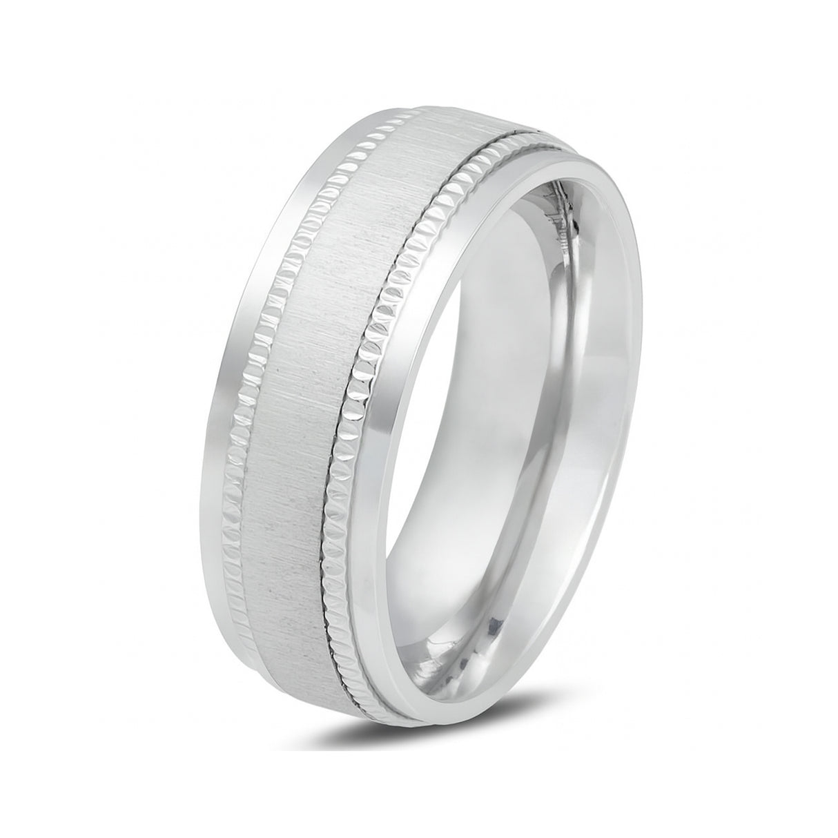 Men's Silver Titanium Ring With Milgrain Stepped Edges And Brushed Center - 8mm