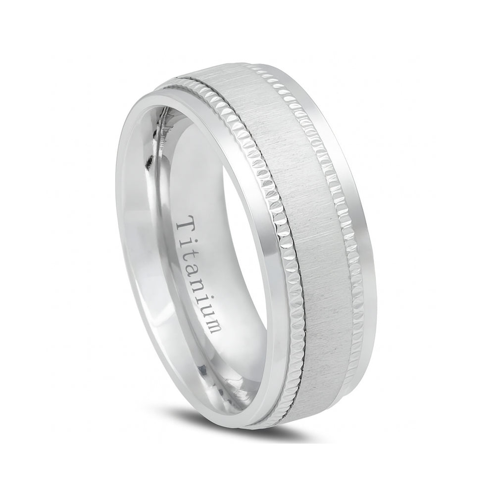 Men's Silver Titanium Ring With Milgrain Stepped Edges And Brushed Center - 8mm