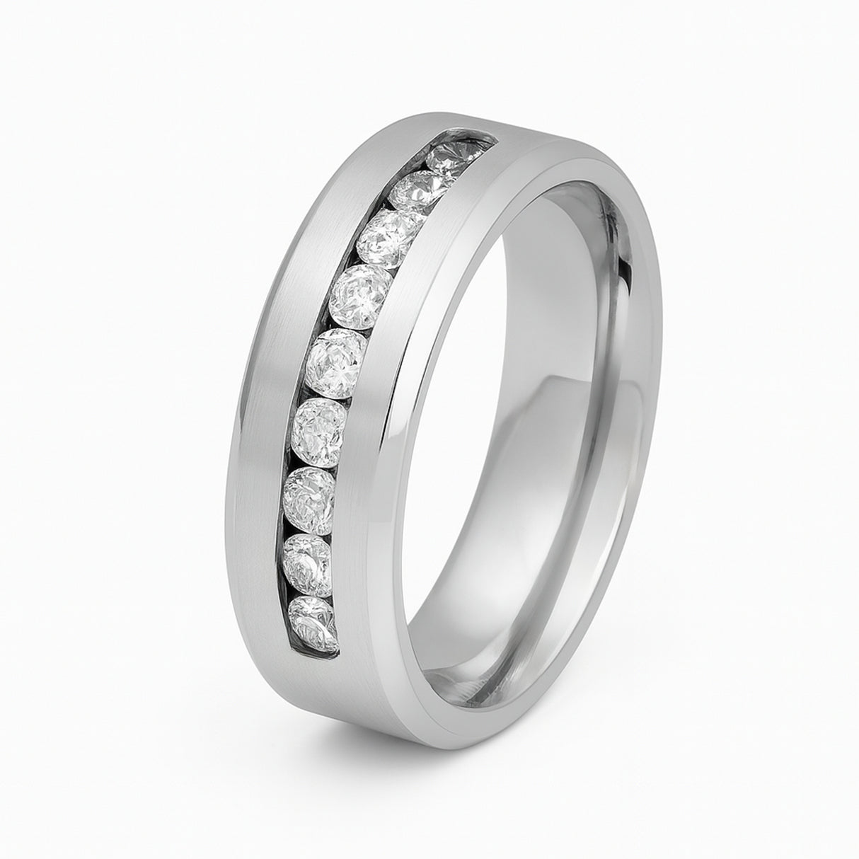 Silver Titanium Wedding Band W/ 9 Channel Set CZ Diamond Beveled Edges 8mm