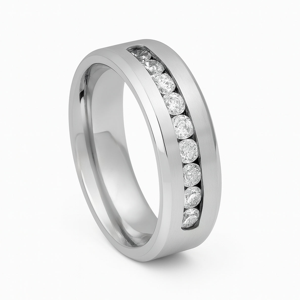 Silver Titanium Wedding Band W/ 9 Channel Set CZ Diamond Beveled Edges 8mm