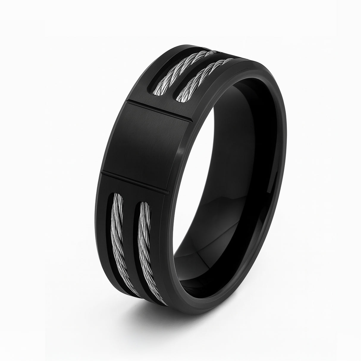 Black Titanium Ring Grooved Center Beveled Edges Double Cable Inlay 8mm