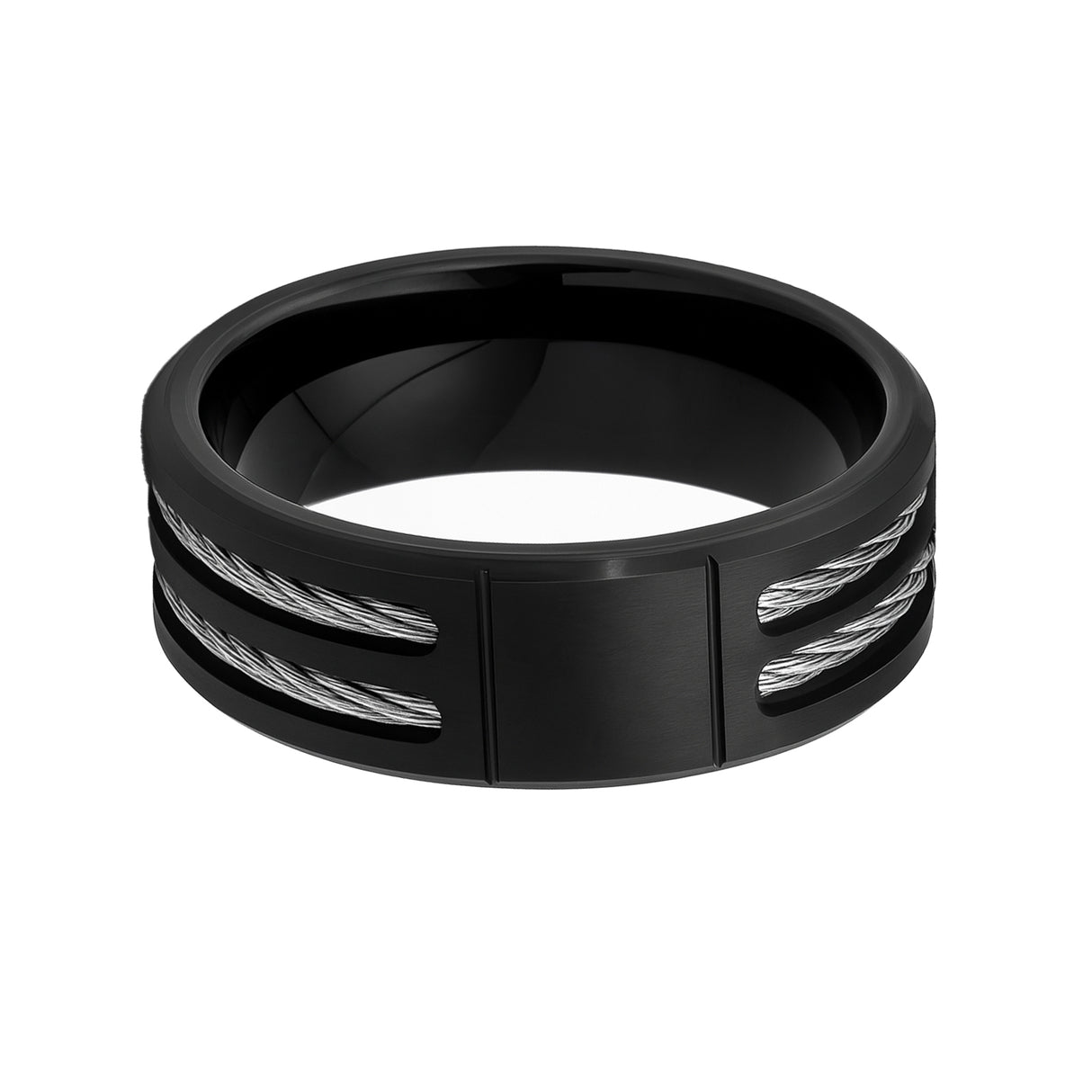 Black Titanium Ring Grooved Center Beveled Edges Double Cable Inlay 8mm
