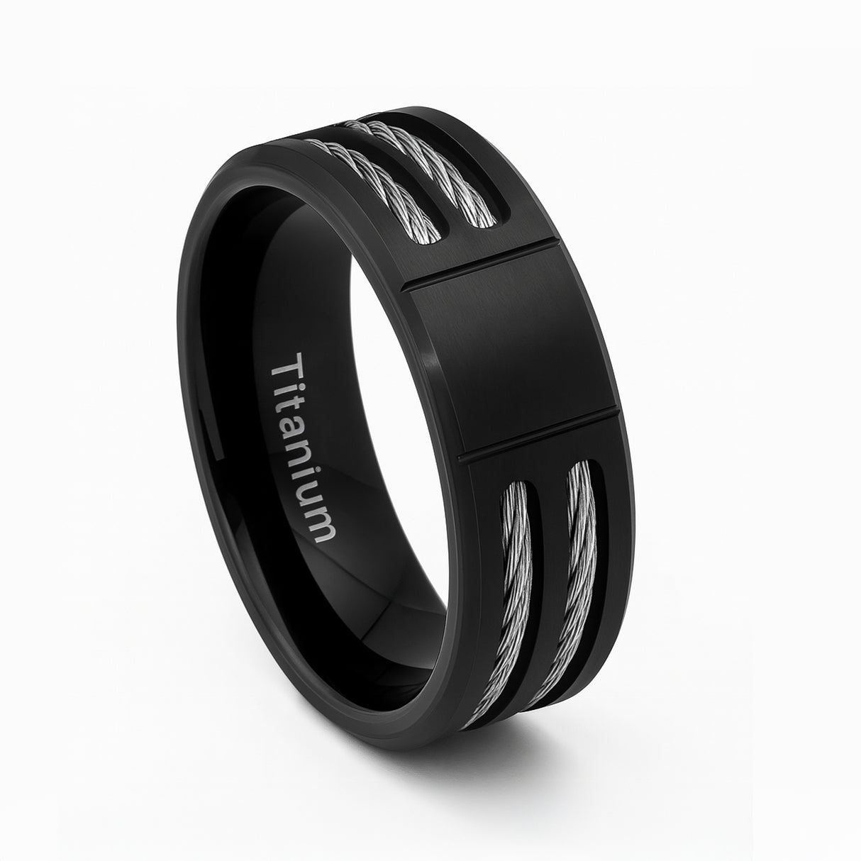 Black Titanium Ring Grooved Center Beveled Edges Double Cable Inlay 8mm