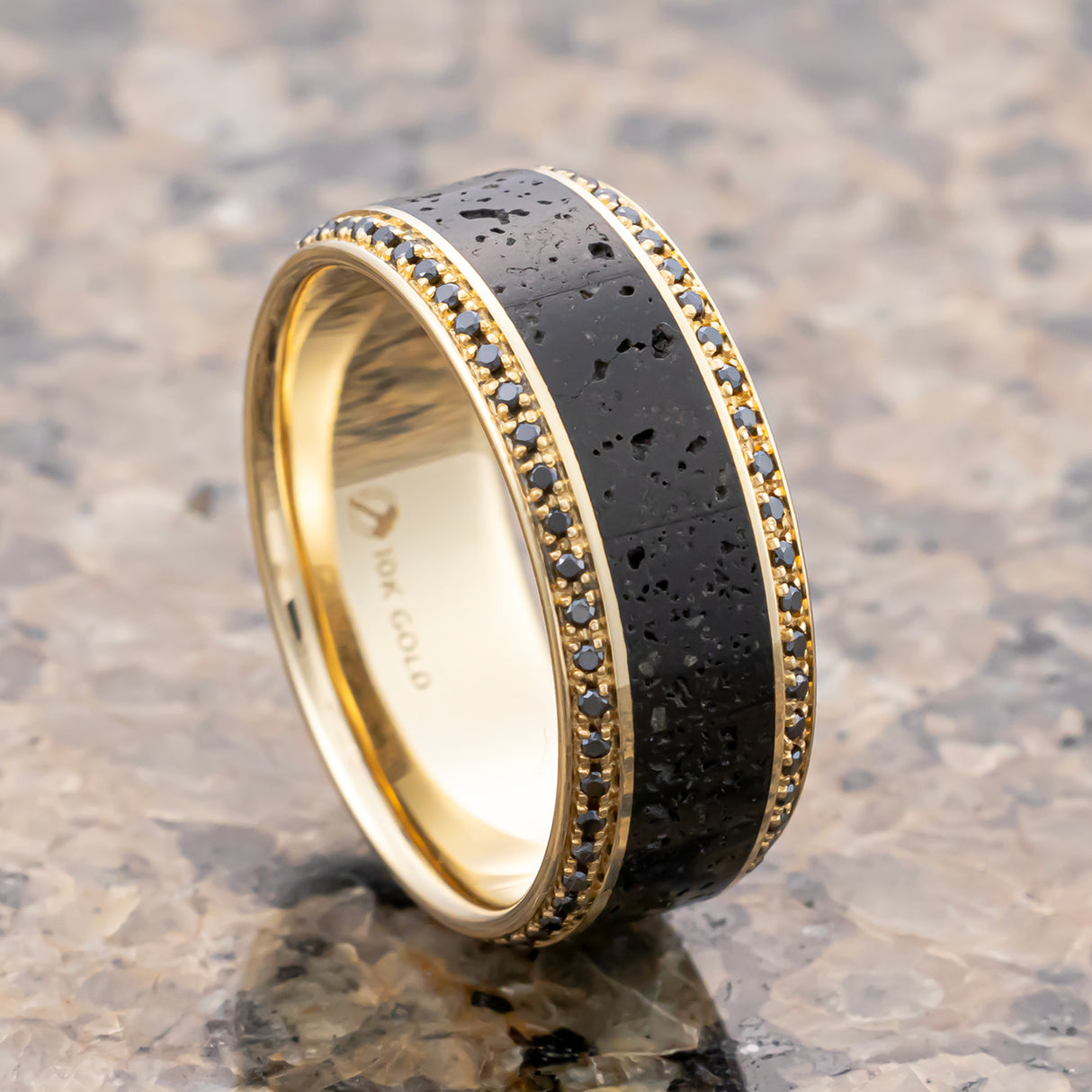 HYPERION Lava Inlaid 10K Yellow Gold Wedding Ring Polished Beveled Edges Set W/ Round Black Diamonds - 10mm