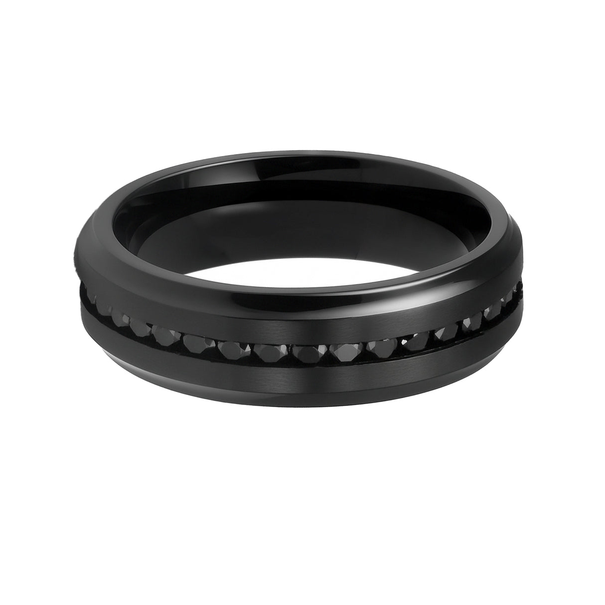 Mens Black Titanium Ring with Beveled Edges CZ Black Diamonds-8mm