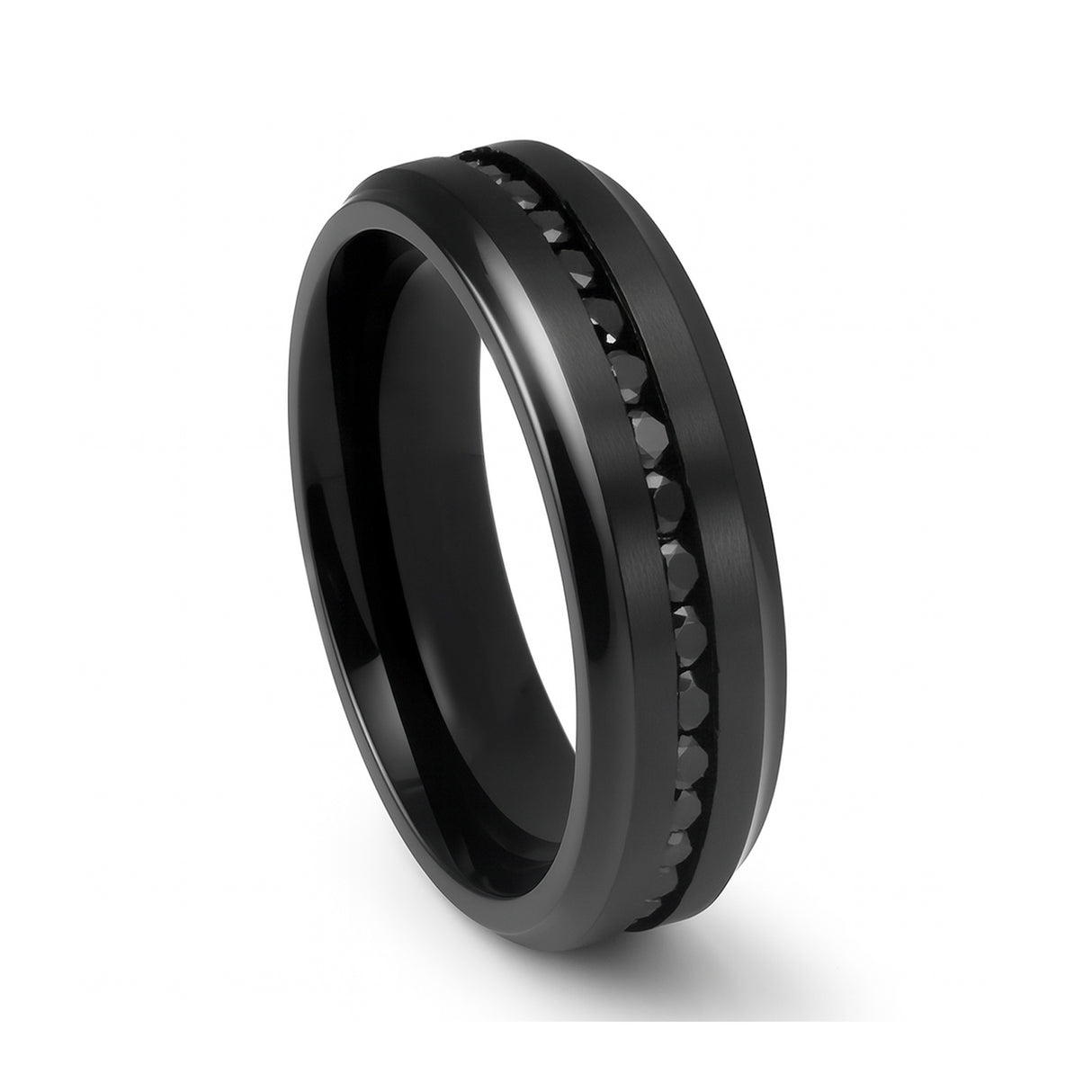Mens Black Titanium Ring with Beveled Edges CZ Black Diamonds-8mm