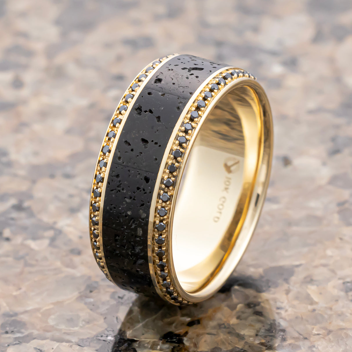 HYPERION Lava Inlaid 10K Yellow Gold Wedding Ring Polished Beveled Edges Set W/ Round Black Diamonds - 10mm