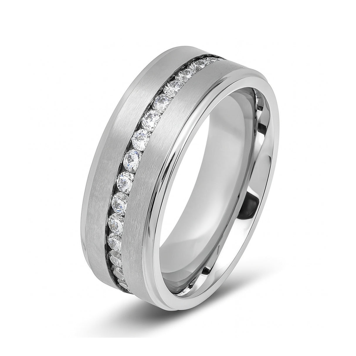 Silver Titanium Ring Brushed Full Eternity White CZ Diamonds Stepped Edges 8mm