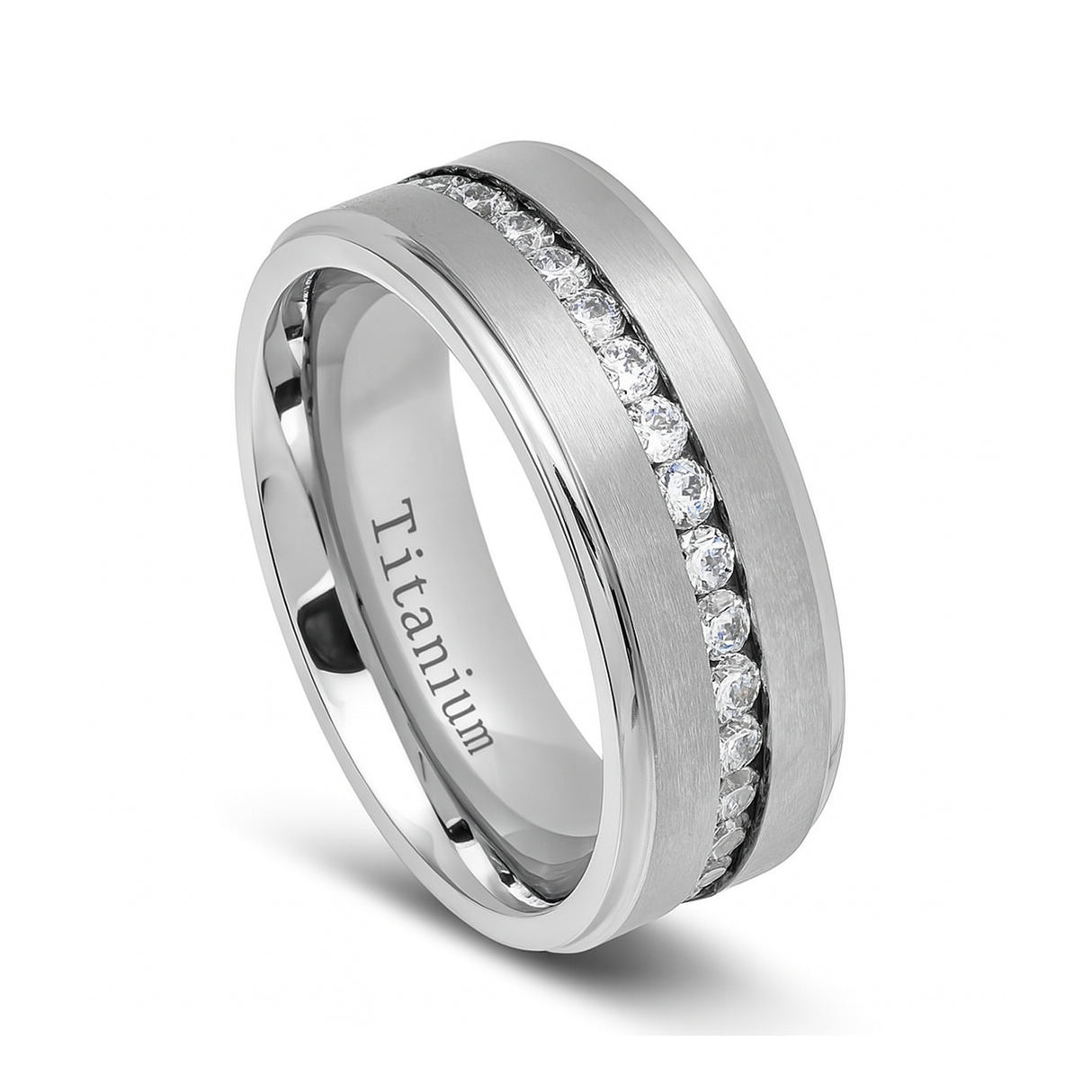 Silver Titanium Ring Brushed Full Eternity White CZ Diamonds Stepped Edges 8mm