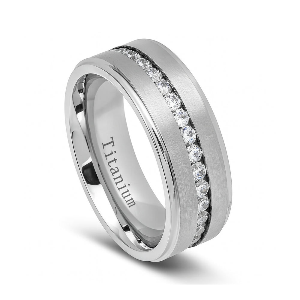 Black Titanium Ring Brushed Full Eternity White CZ Diamonds Stepped Edges 8mm