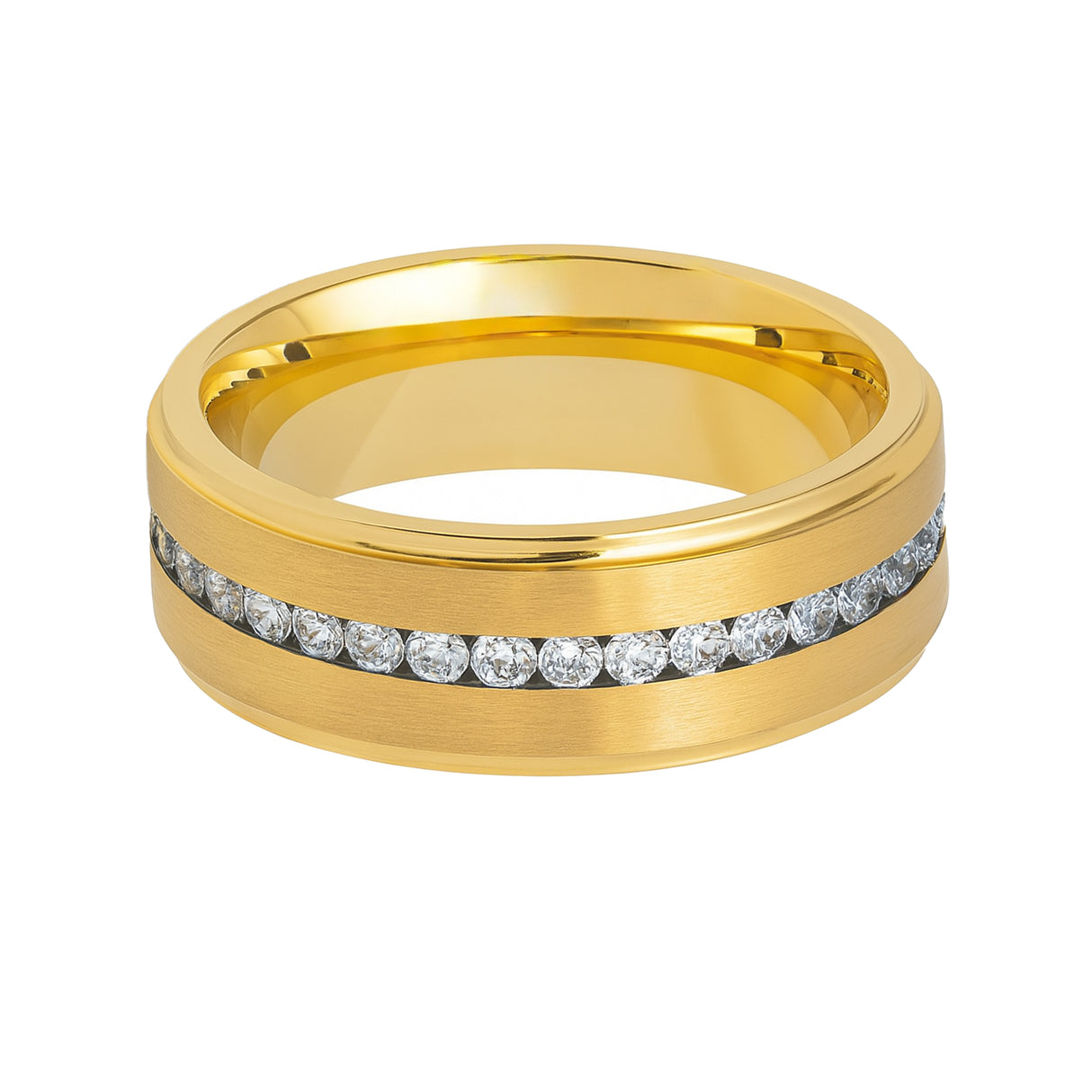 Silver Titanium Ring Brushed Full Eternity White CZ Diamonds Stepped Edges 8mm