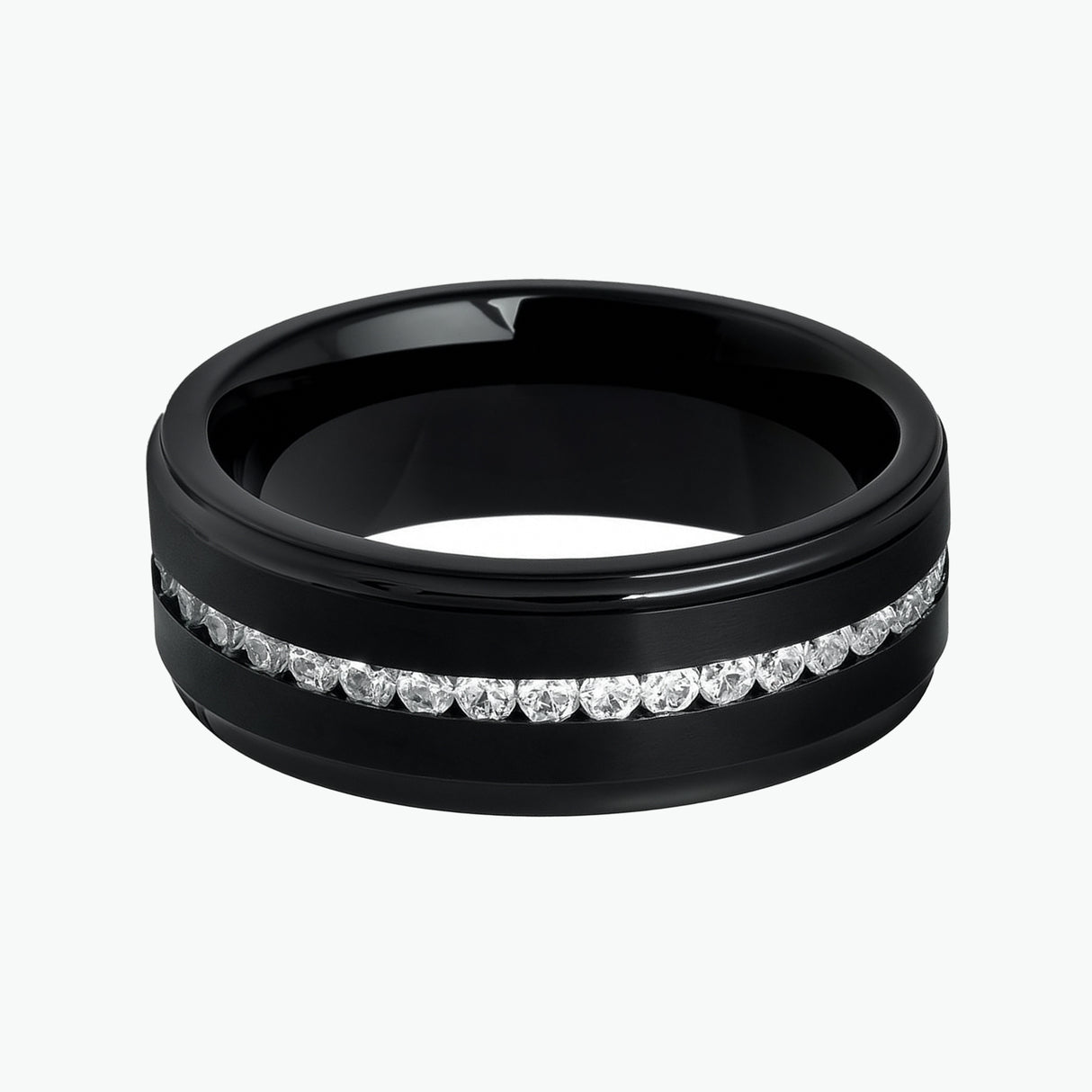 Silver Titanium Ring Brushed Full Eternity White CZ Diamonds Stepped Edges 8mm