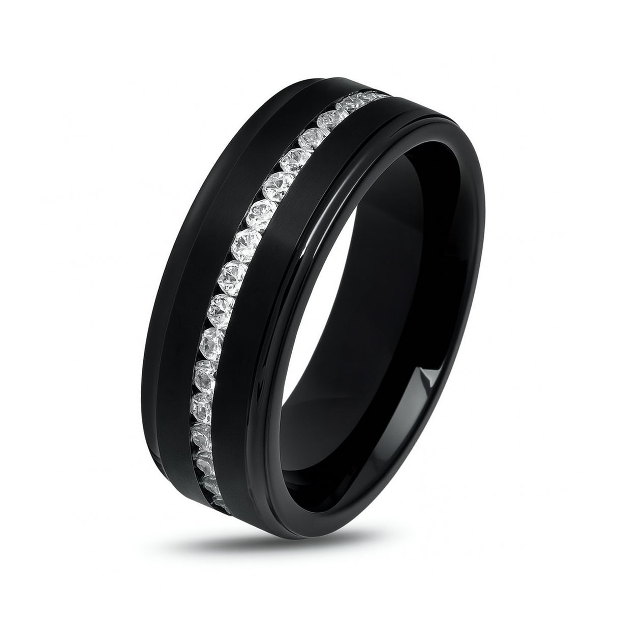 Silver Titanium Ring Brushed Full Eternity White CZ Diamonds Stepped Edges 8mm