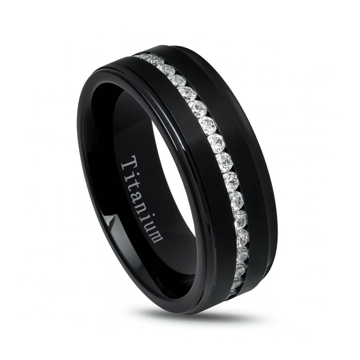 Silver Titanium Ring Brushed Full Eternity White CZ Diamonds Stepped Edges 8mm