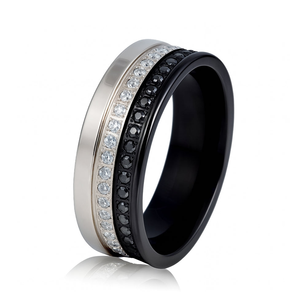Mens Silver & Black Two-tone Double Row Black & White Etenrity CZ Diamonds – 8mm