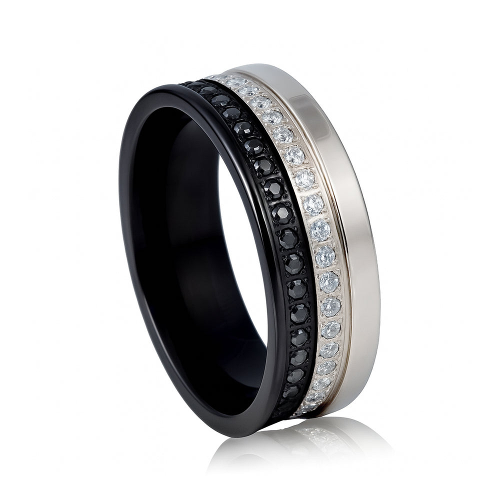Mens Silver & Black Two-tone Double Row Black & White Etenrity CZ Diamonds – 8mm