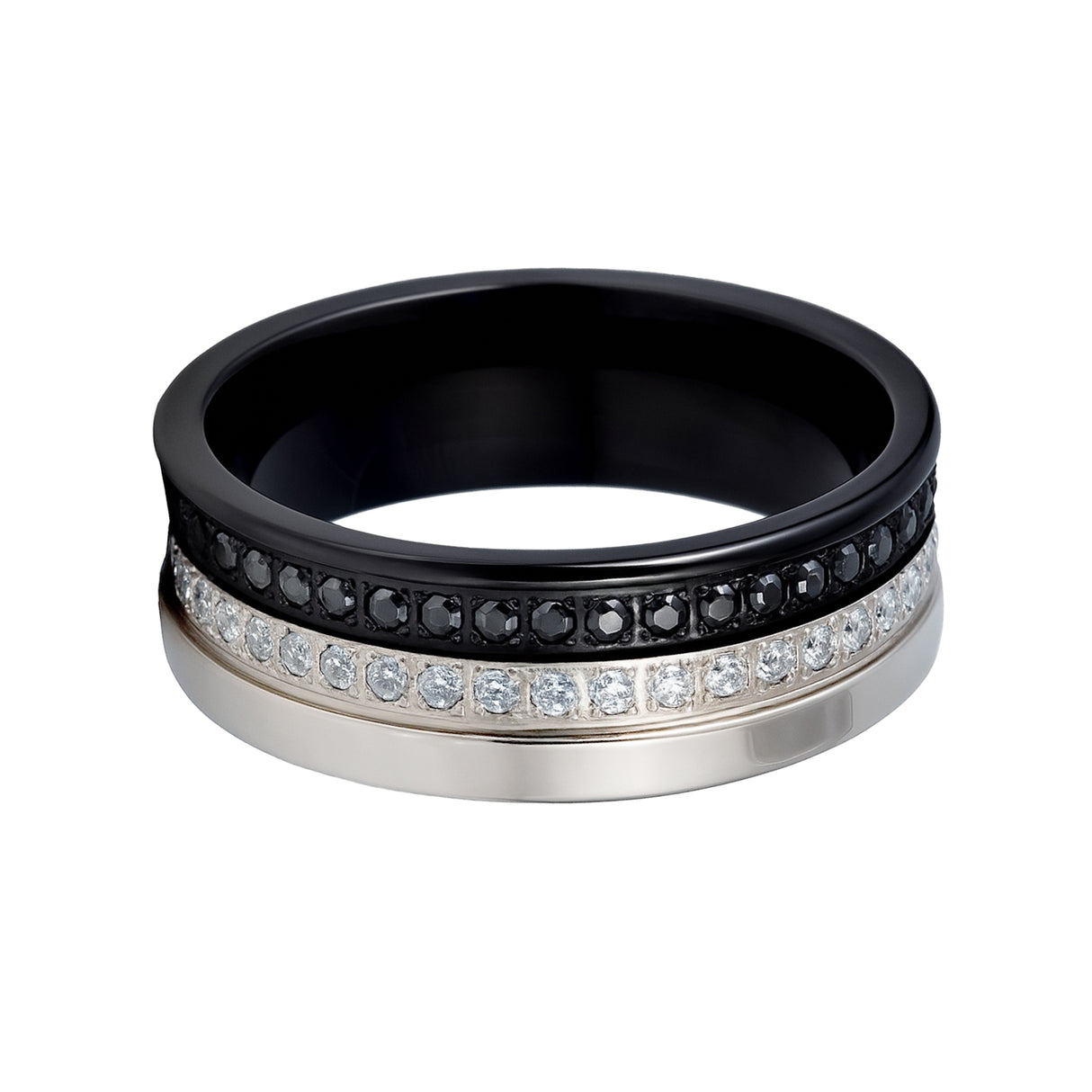 Mens Silver & Black Two-tone Double Row Black & White Etenrity CZ Diamonds – 8mm