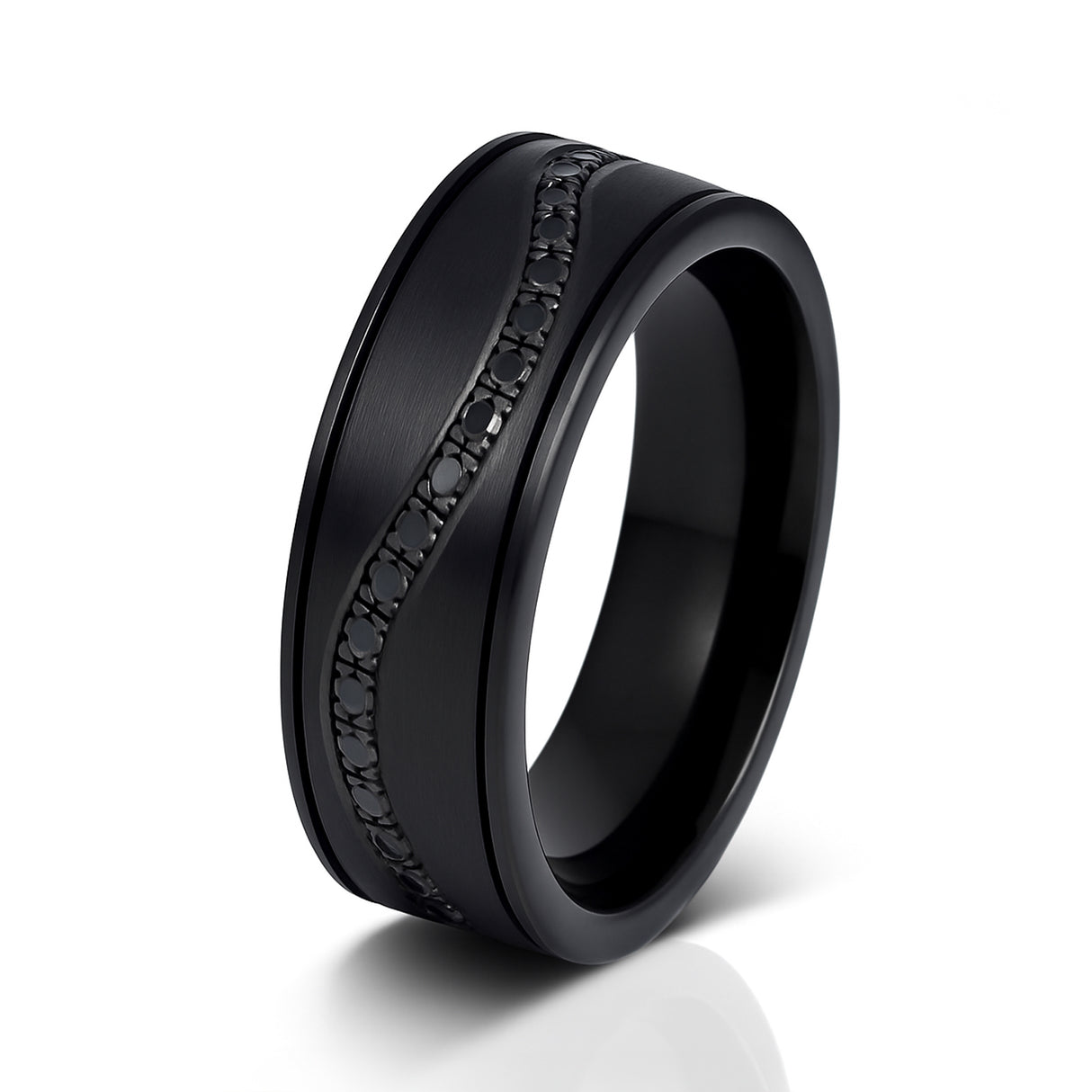 Black Titanium Ring Brushed Center Winding Row Black CZ Eternity – 8mm