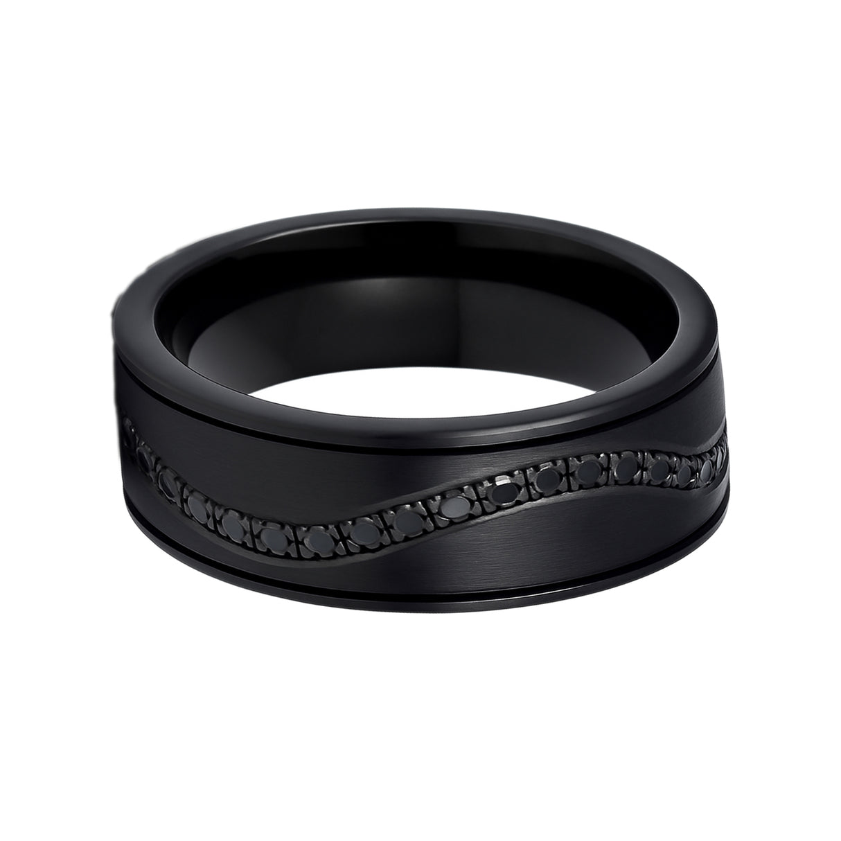 Black Titanium Ring Brushed Center Winding Row Black CZ Eternity – 8mm