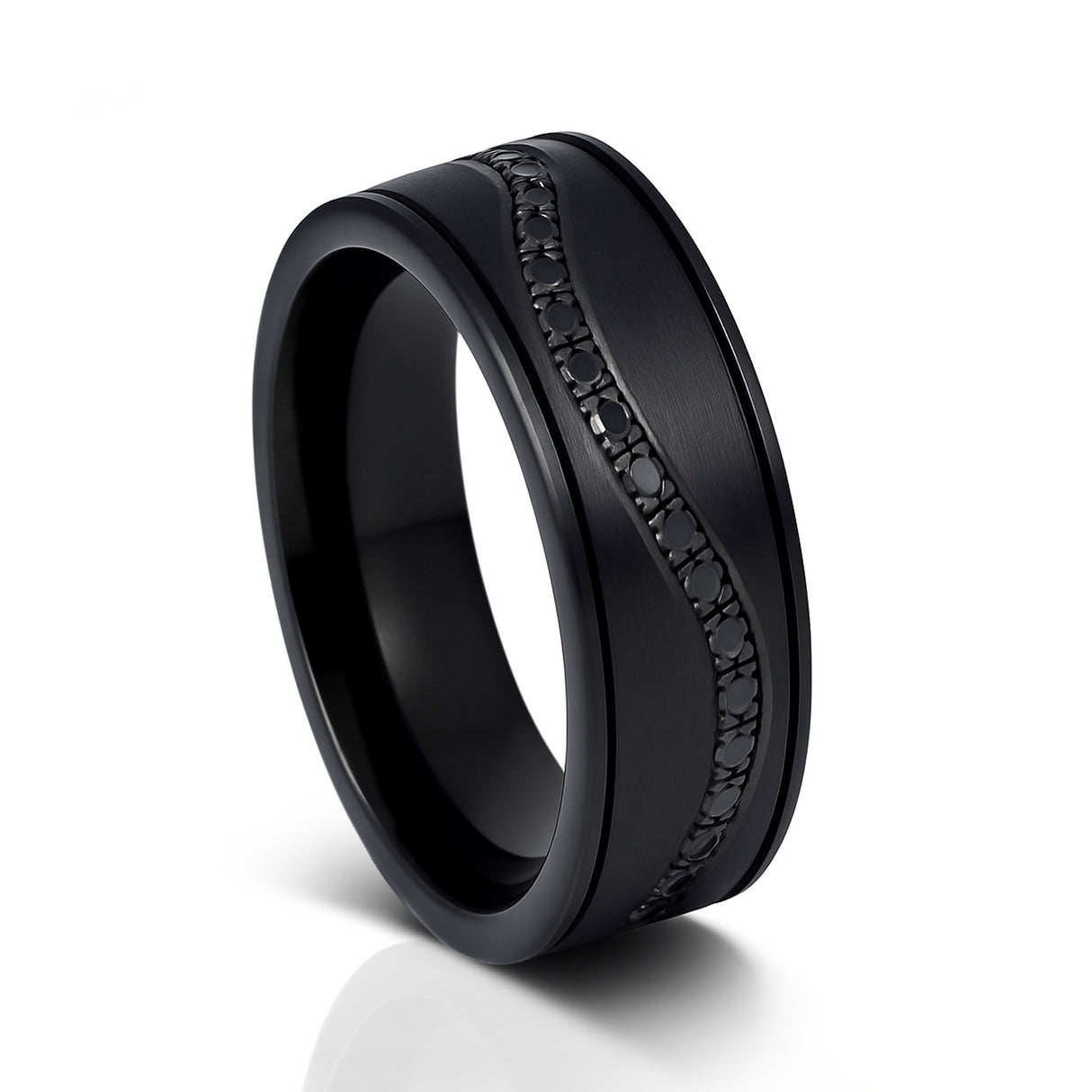 Black Titanium Ring Brushed Center Winding Row Black CZ Eternity – 8mm