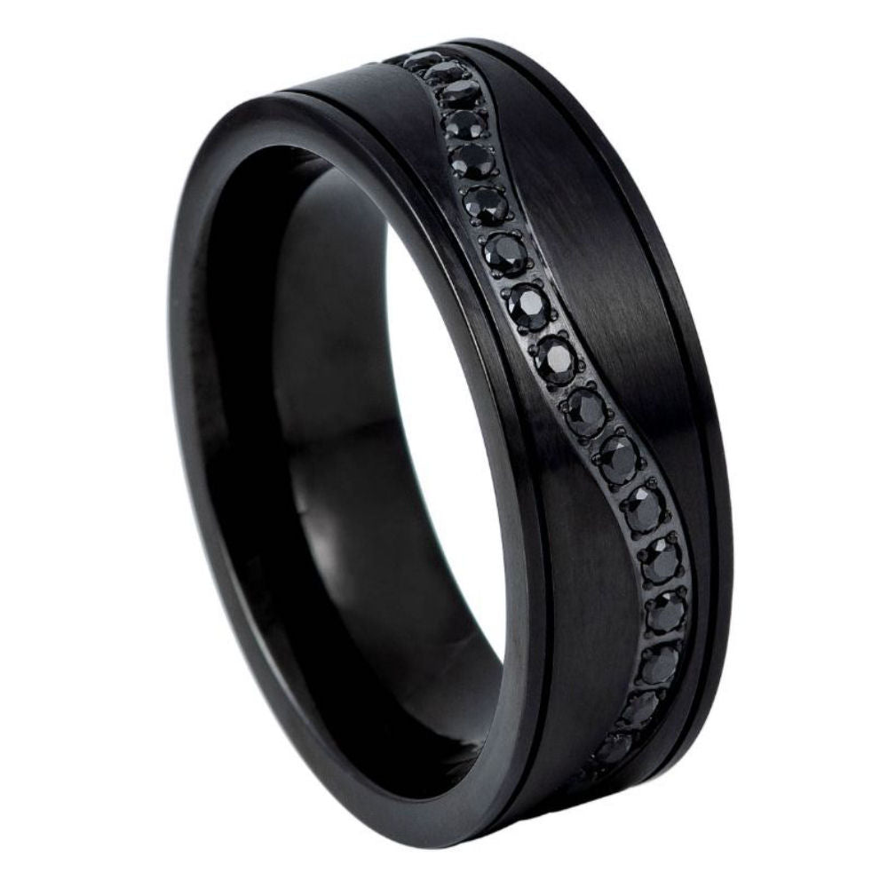 Black Titanium Ring Brushed Center Winding Row Black CZ Eternity – 8mm
