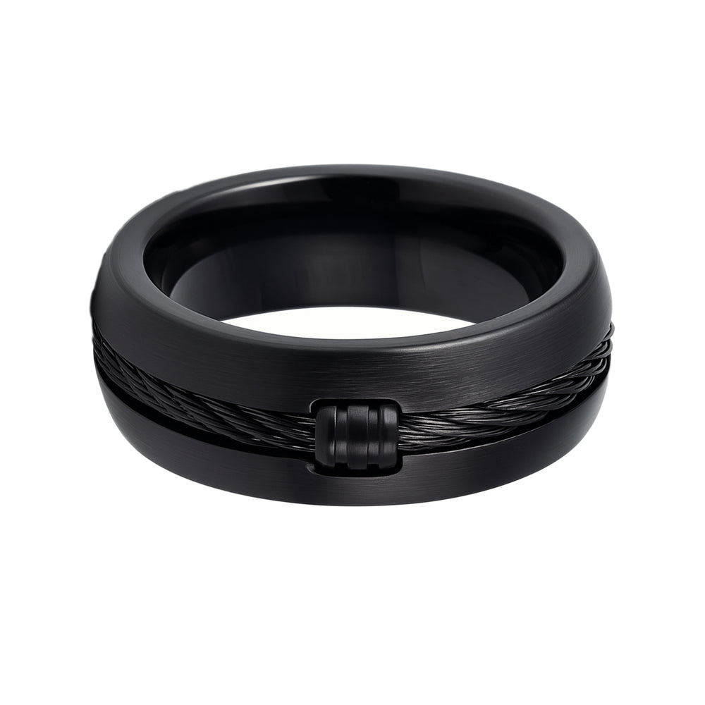 8mm - Mens Black Titanium Ring Single Center Locked Cable Inlay