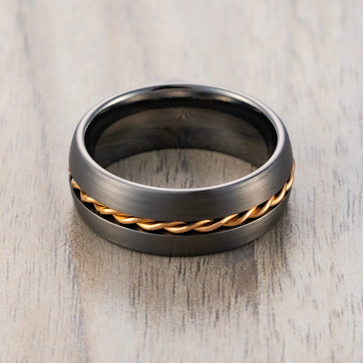 8mm - Tungsten Gunmetal Ring With Rose Gold Rope Inlay Dome Shape
