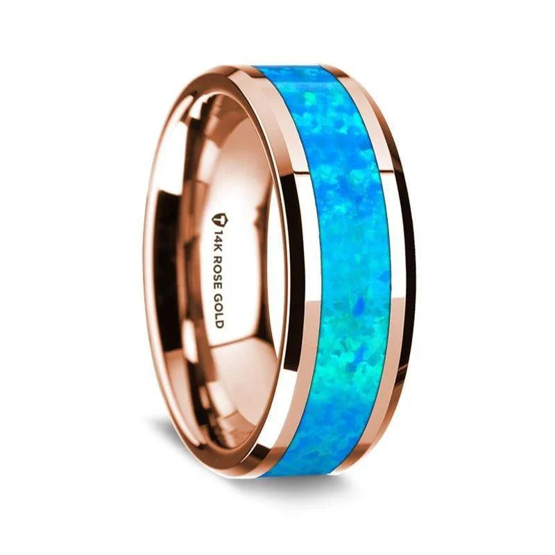 14K Rose Gold Polished Beveled Edges W/ Blue Opal Inlay - 8mm
