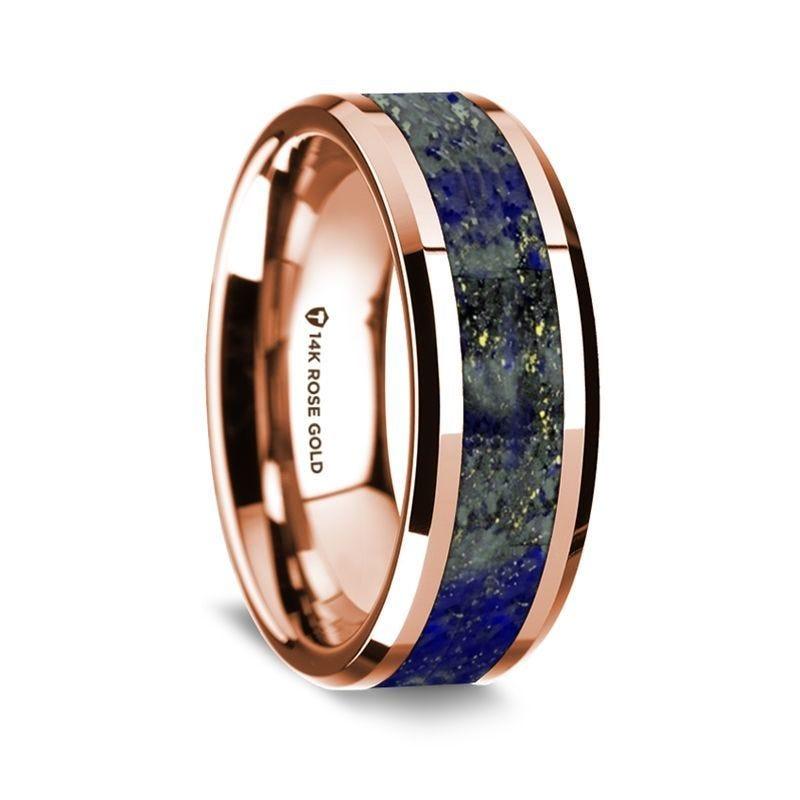 14k Rose Gold Polished Beveled Edges W/ Lapis Inlay - 8 mm