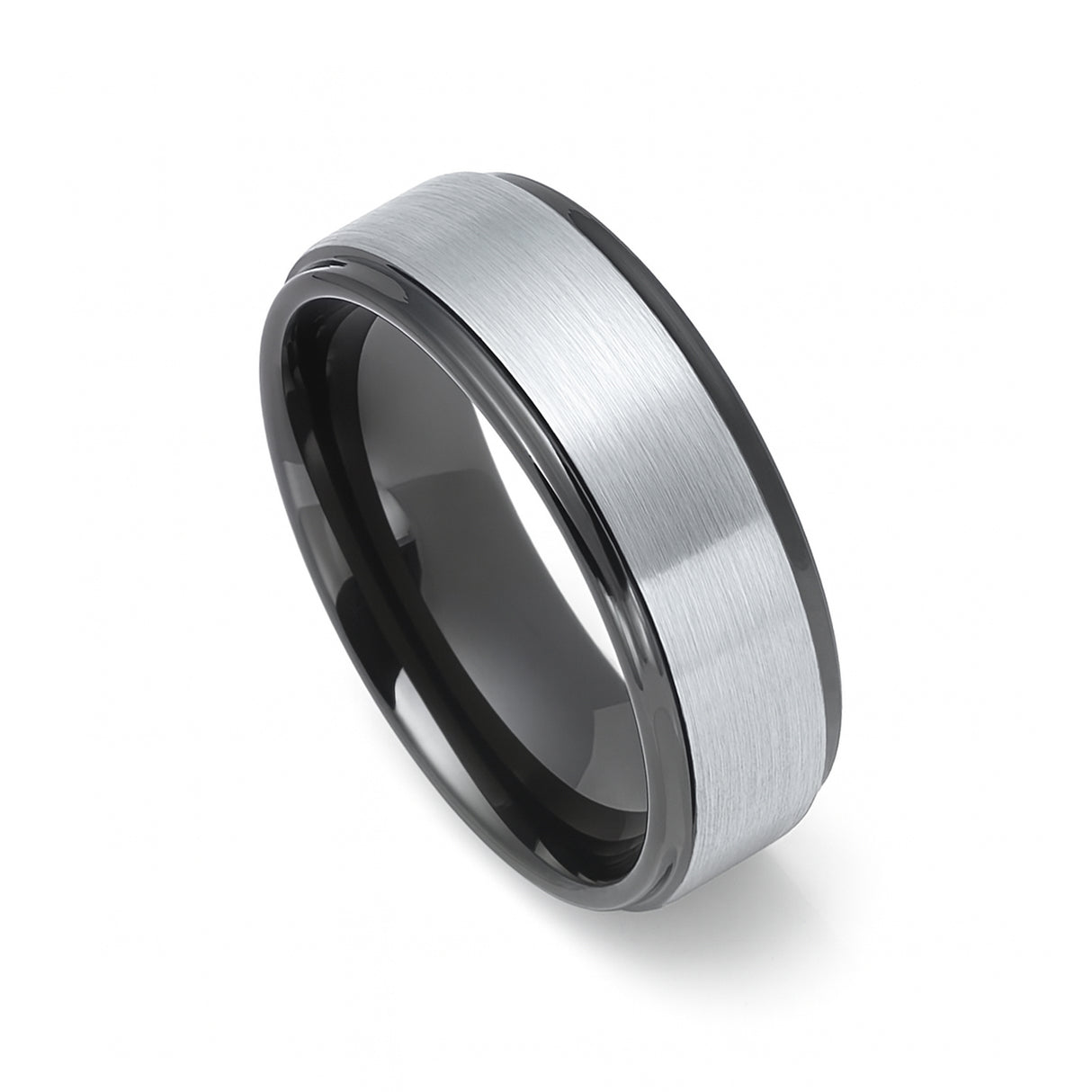 8mm - Gunmetal Tungsten Carbide Wedding Band W/ Stepped Edges Brush Center
