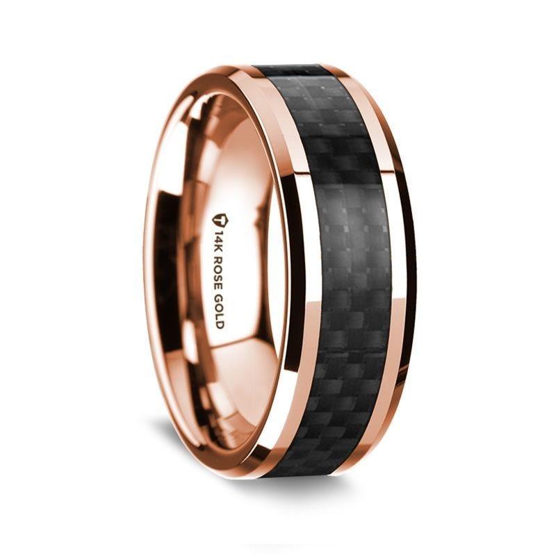 14k Rose Gold Polished Beveled Edges W/ Black Carbon Fiber Inlay - 8mm
