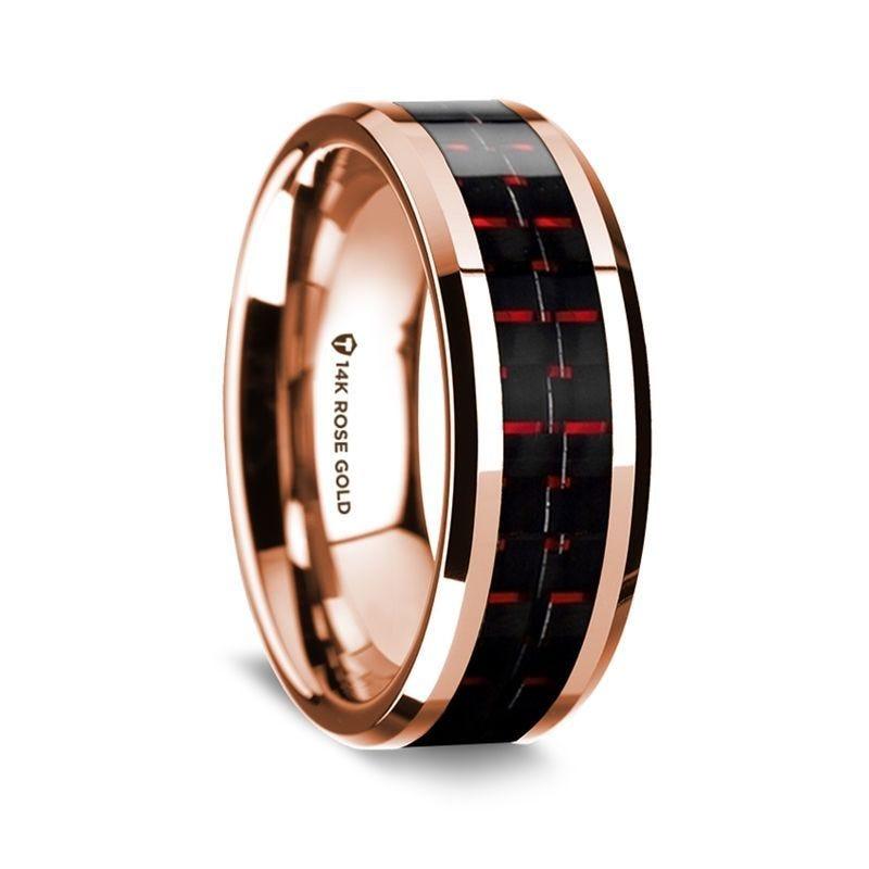 14K Rose Gold Beveled Edges W/ Black and Red Carbon Fiber Inlay - 8mm