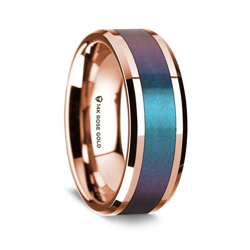 14k Rose Gold Beveled Edges W/ Blue & Purple Color Changing Inlay - 8mm