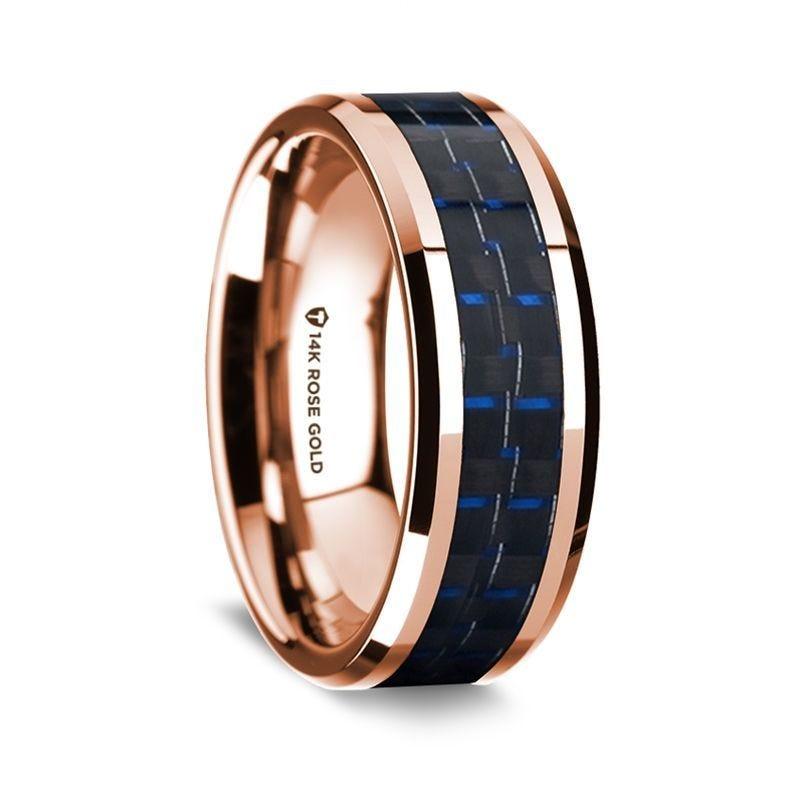 14K Rose Gold Beveled Edges W/ Black & Dark Blue Carbon Fiber Inlay - 8mm
