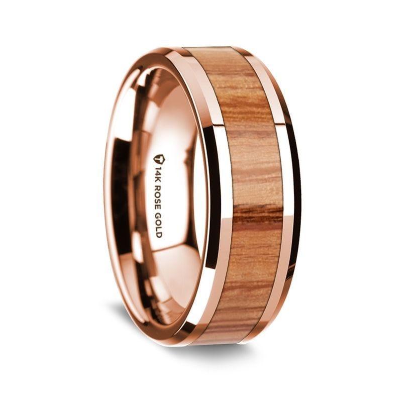 14k Rose Gold Polished Beveled Edges W/ Red Oak Wood Inlay - 8mm