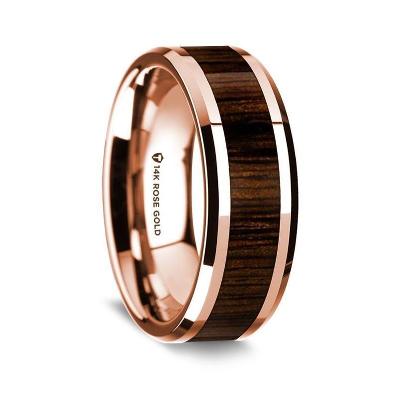 14k Rose Gold Polished Beveled Edges W/ Black Walnut Inlay - 8 mm