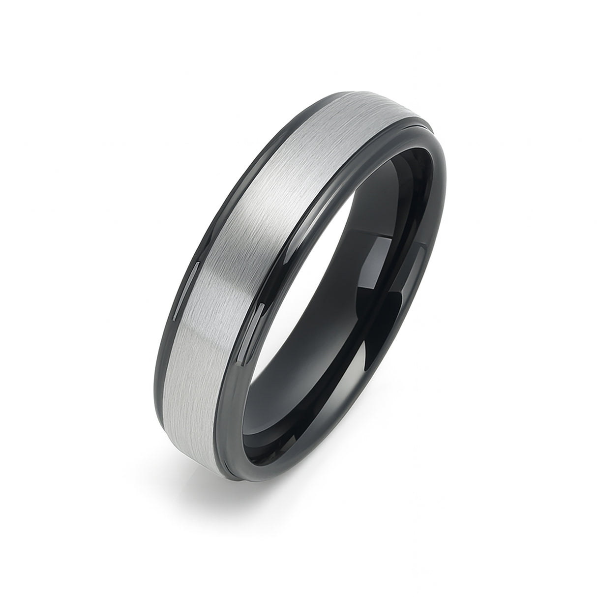 6mm - Gunmetal Tungsten Carbide Wedding Band W/ Stepped Edges Brush Center