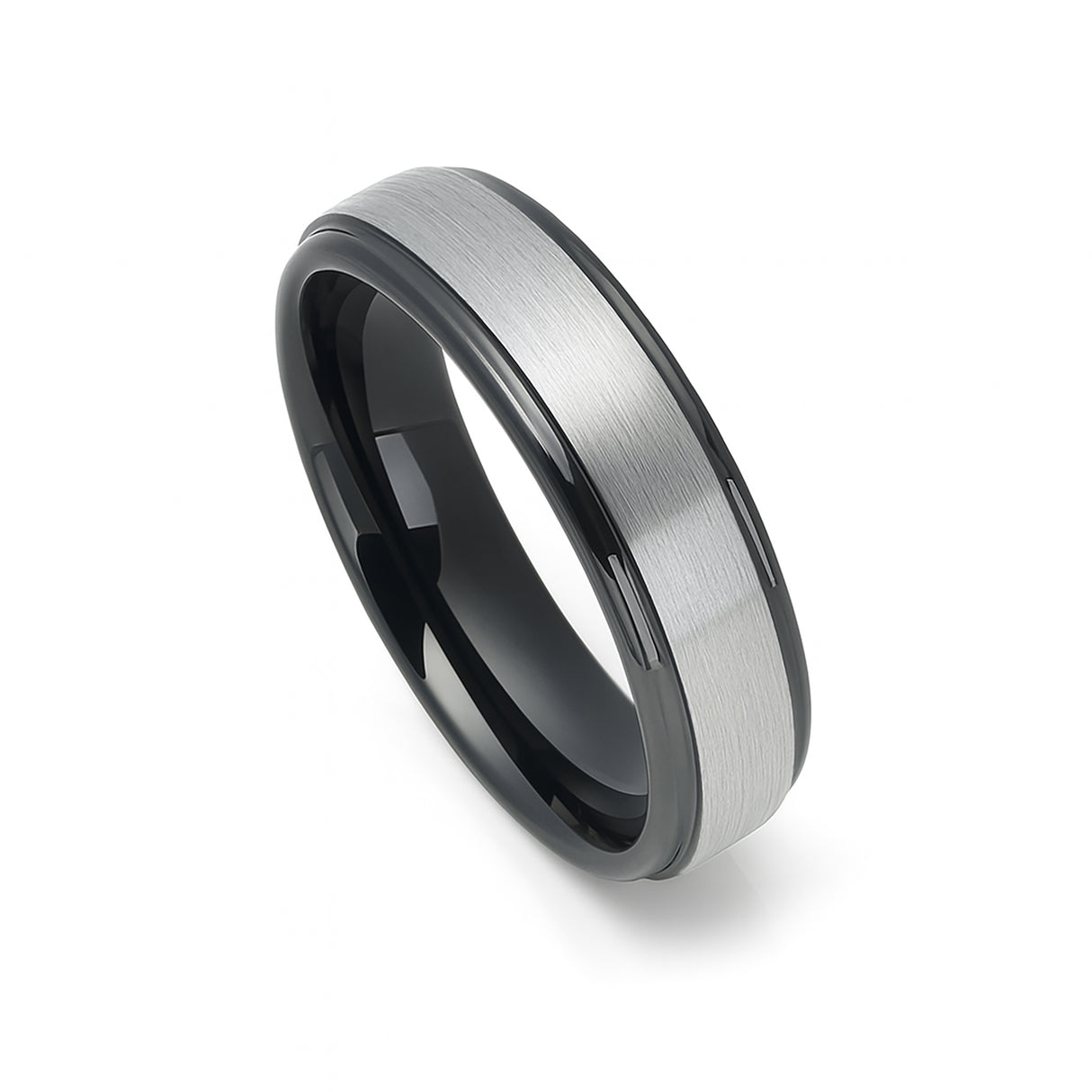 6mm - Gunmetal Tungsten Carbide Wedding Band W/ Stepped Edges Brush Center