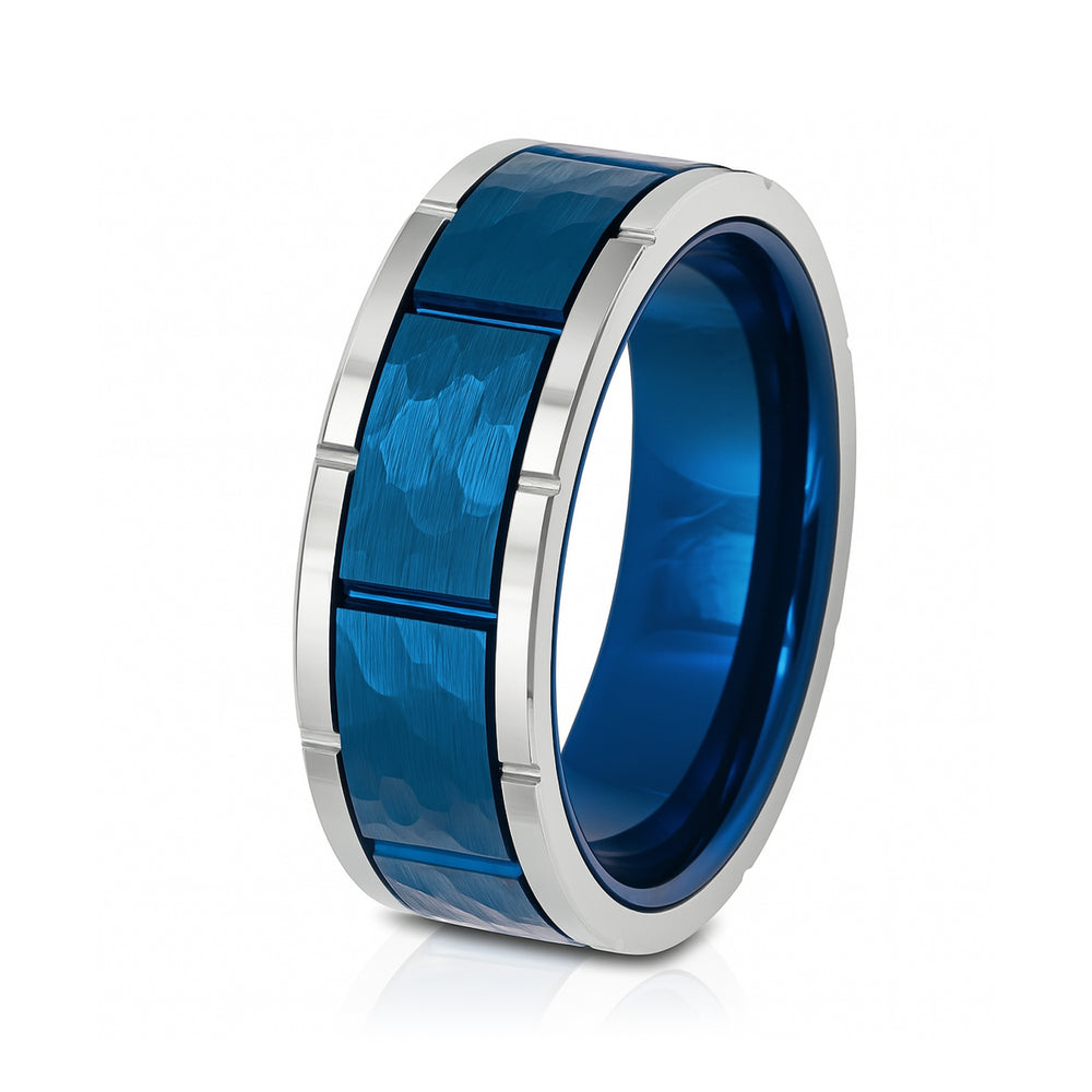 8mm - Mens Tungsten Blue & Silver Wedding Band, Hammered Ring, Comfort-Fit