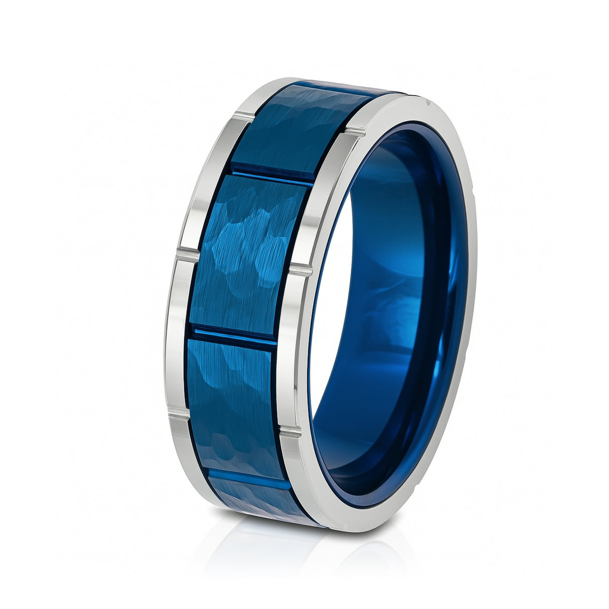 8mm - Mens Tungsten Blue & Silver Wedding Band, Hammered Ring, Comfort-Fit