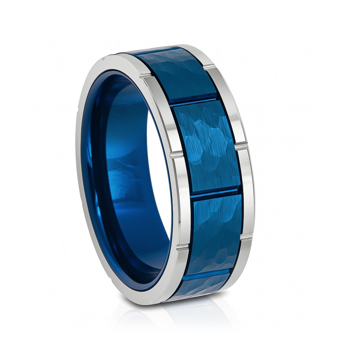 8mm - Mens Tungsten Blue & Silver Wedding Band, Hammered Ring, Comfort-Fit