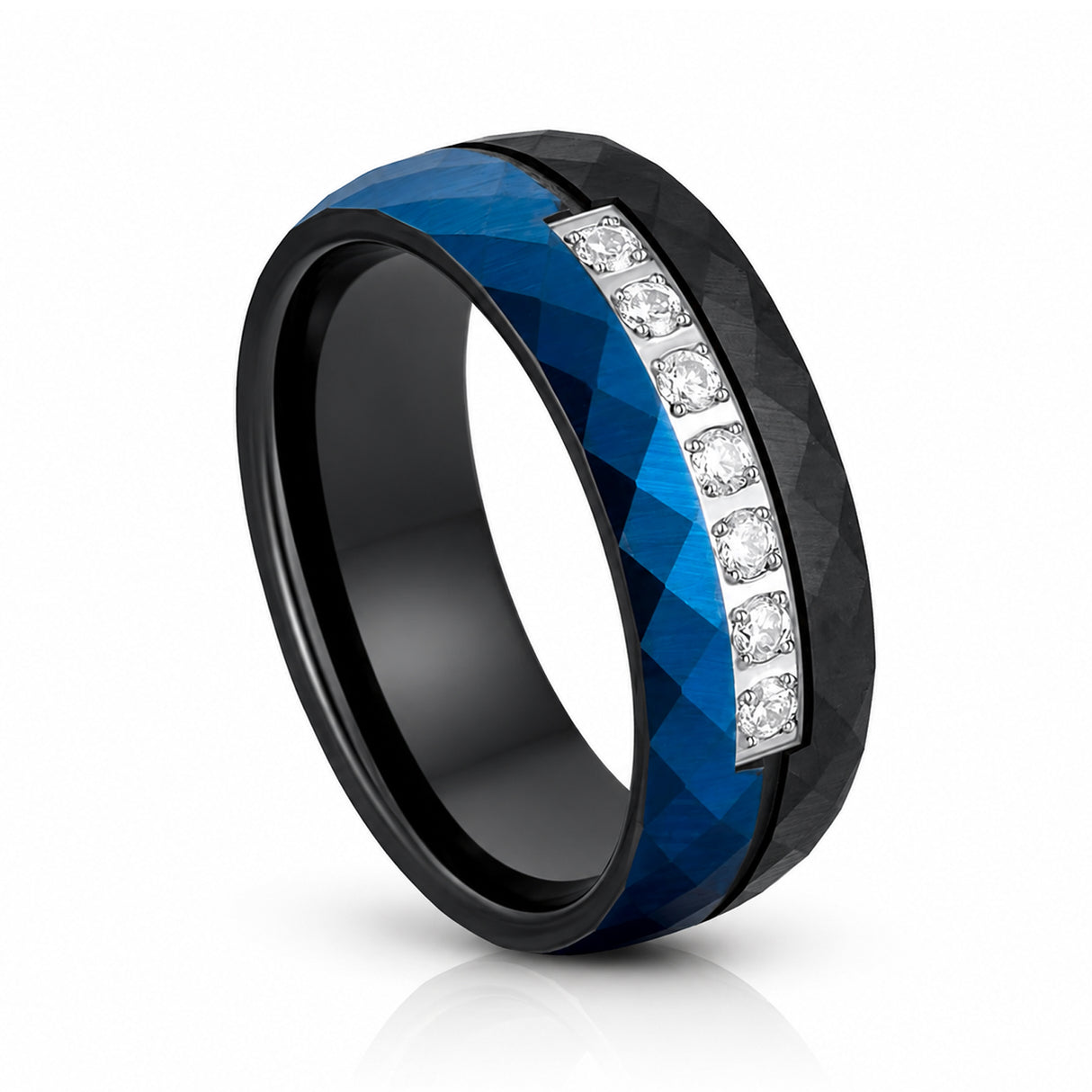 8mm Black & Blue Hammered Tungsten Wedding Band with 7 White CZ Inlay – Matte Finish
