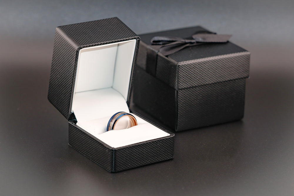 HYPERION Lava Inlaid 10K Yellow Gold Wedding Ring Polished Beveled Edges Set W/ Round Black Diamonds - 10mm