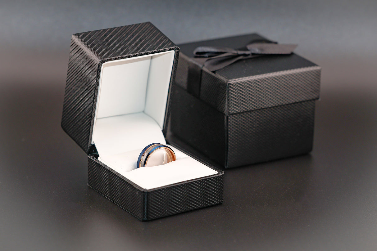 HYPERION Lava Inlaid 10K Yellow Gold Wedding Ring Polished Beveled Edges Set W/ Round Black Diamonds - 10mm