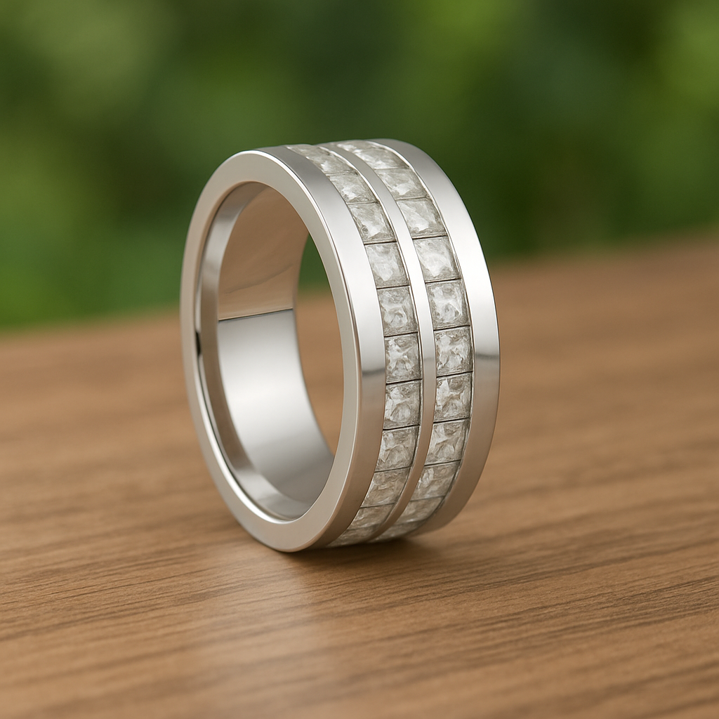 8mm - Mens Silver Titanium Double Row Princess Cut Unplated Ring