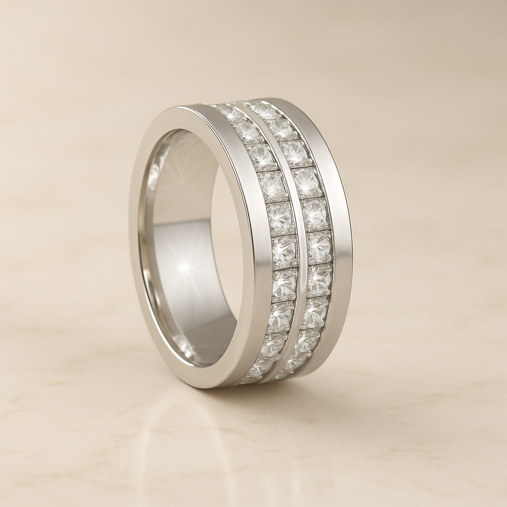 8mm - Mens Silver Titanium Double Row Princess Cut Unplated Ring