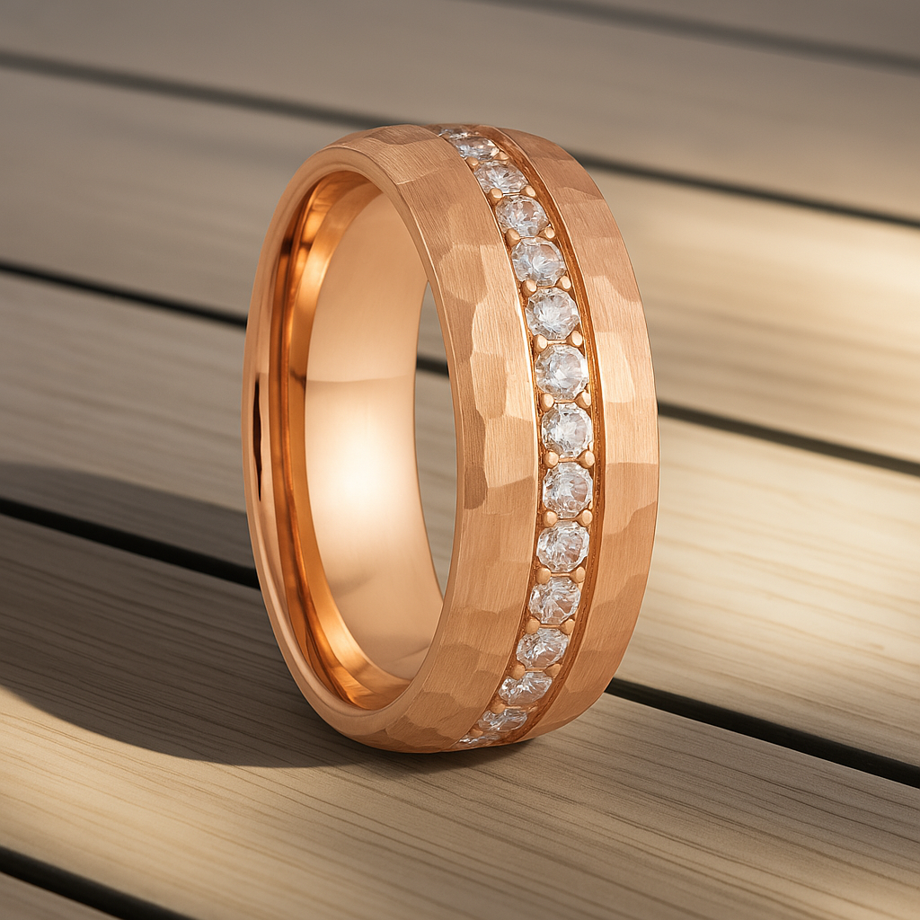 8mm Rose Gold Tungsten Ring, Tungsten Wedding Band with White Diamonds