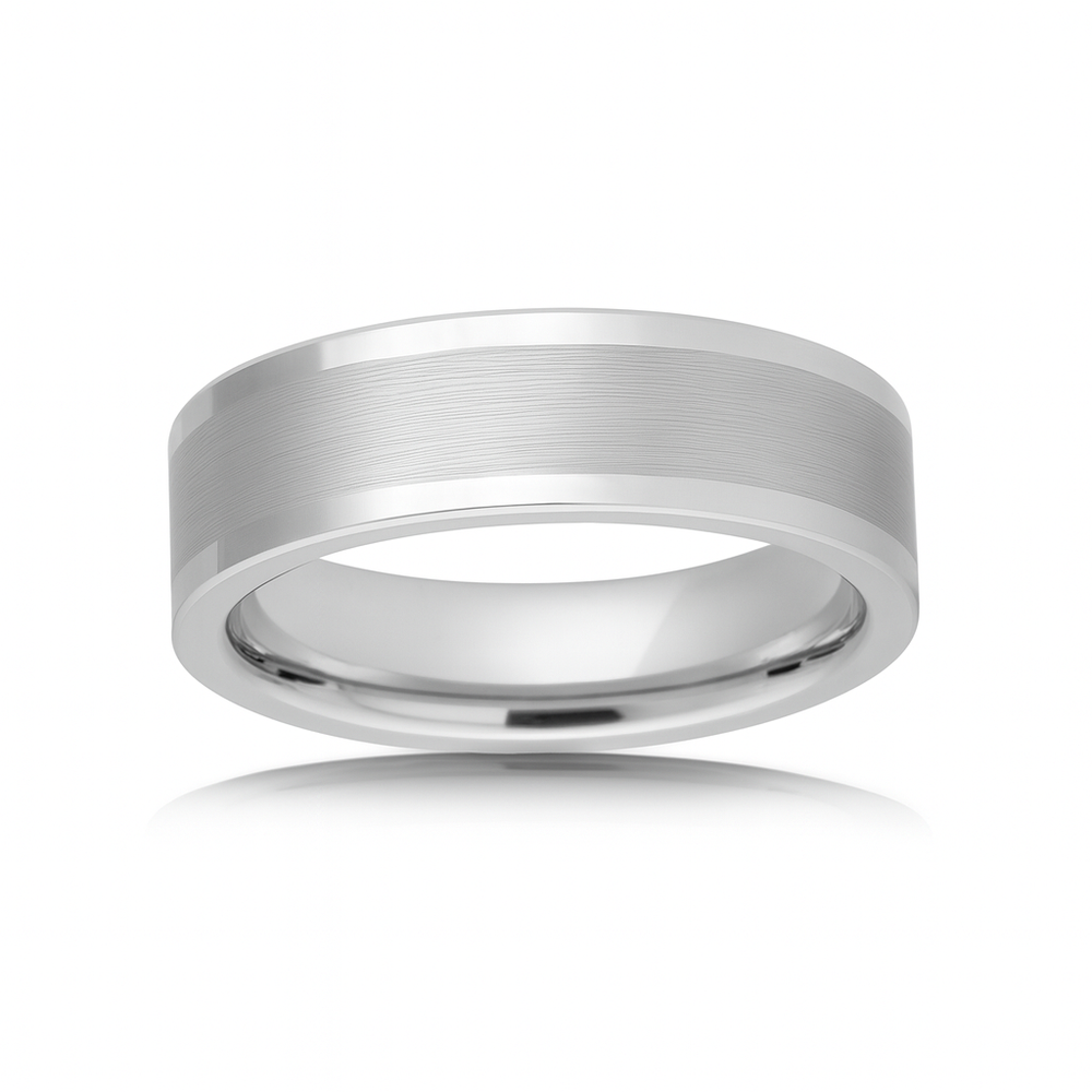 White Silver Platinum-Like Finish Tungsten Brushed Center Ring With Polished  Edges - 6mm