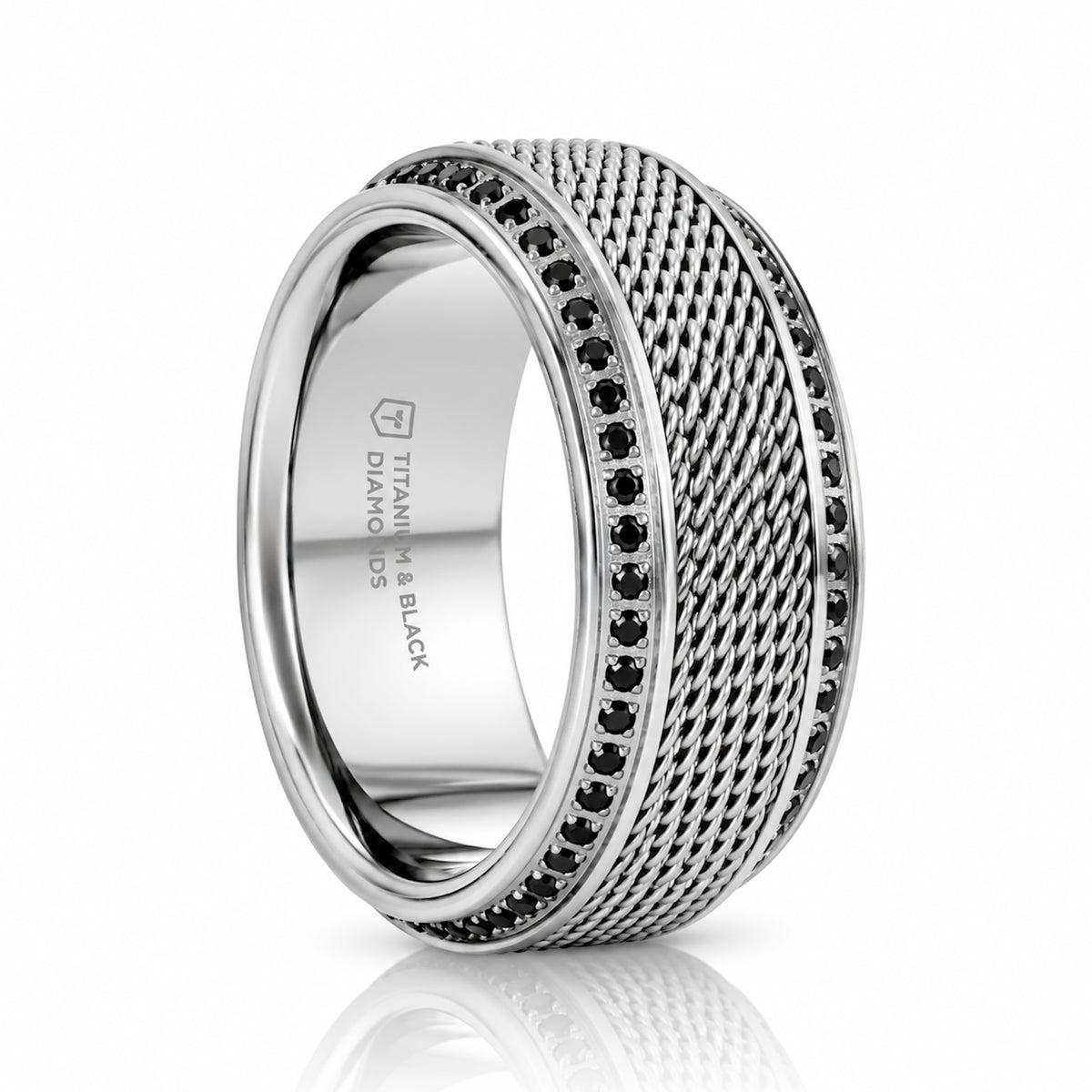 GAUNTLET Steel Chain Titanium Wedding Ring Polished Beveled Edges Set with Round Black Diamonds - 10mm